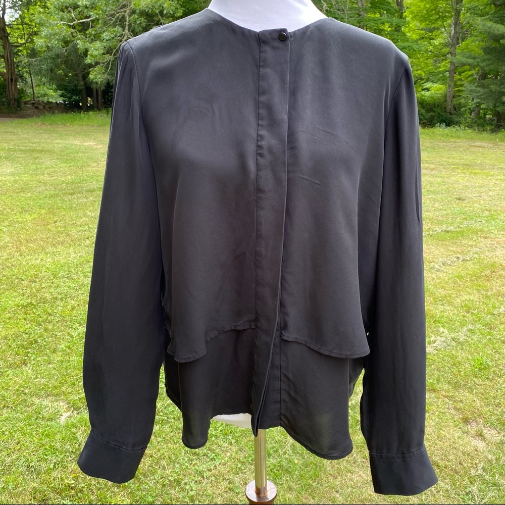 THEORY TOP BLOUSE BLACK SILK LONG SLEEVE CREWNECK SIZE L